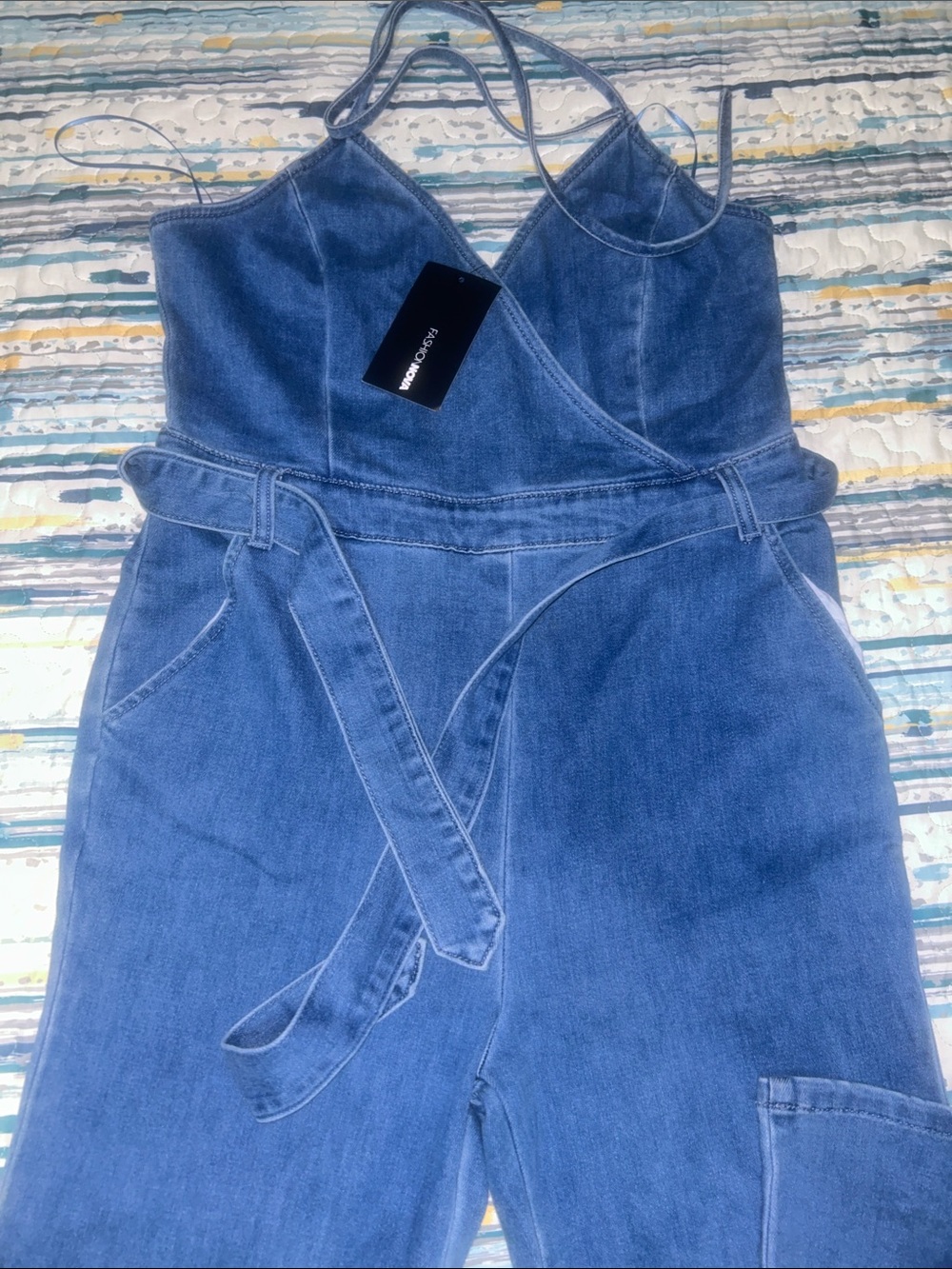Fashion Nova Blue Denim Wide-Leg Jumpsuit with Tie Waist - Picture 2 of 5
